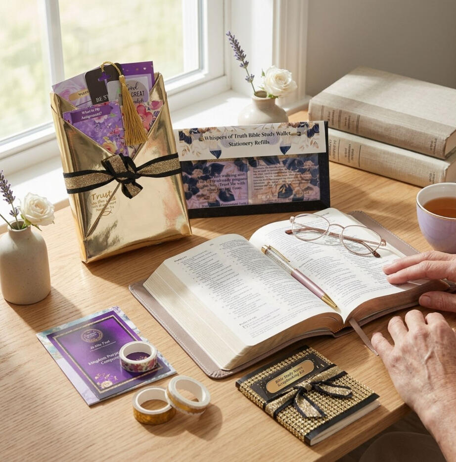 Gold Bible Study Starter Kit Women show studying the Bible using a gold Bible study kit with study materials and journaling tools